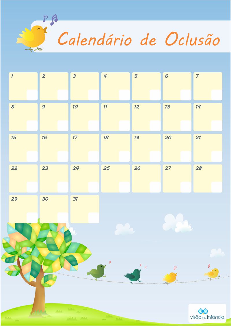 calendário de oclusão – antes Calendário de Oclusão - tampão ocular