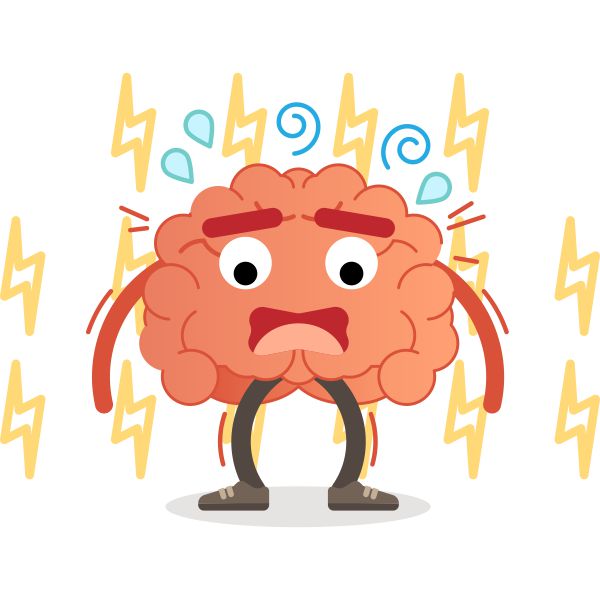 Ilustração lúdica de um cérebro com expressão de estressado, com raios caindo sobre ele.